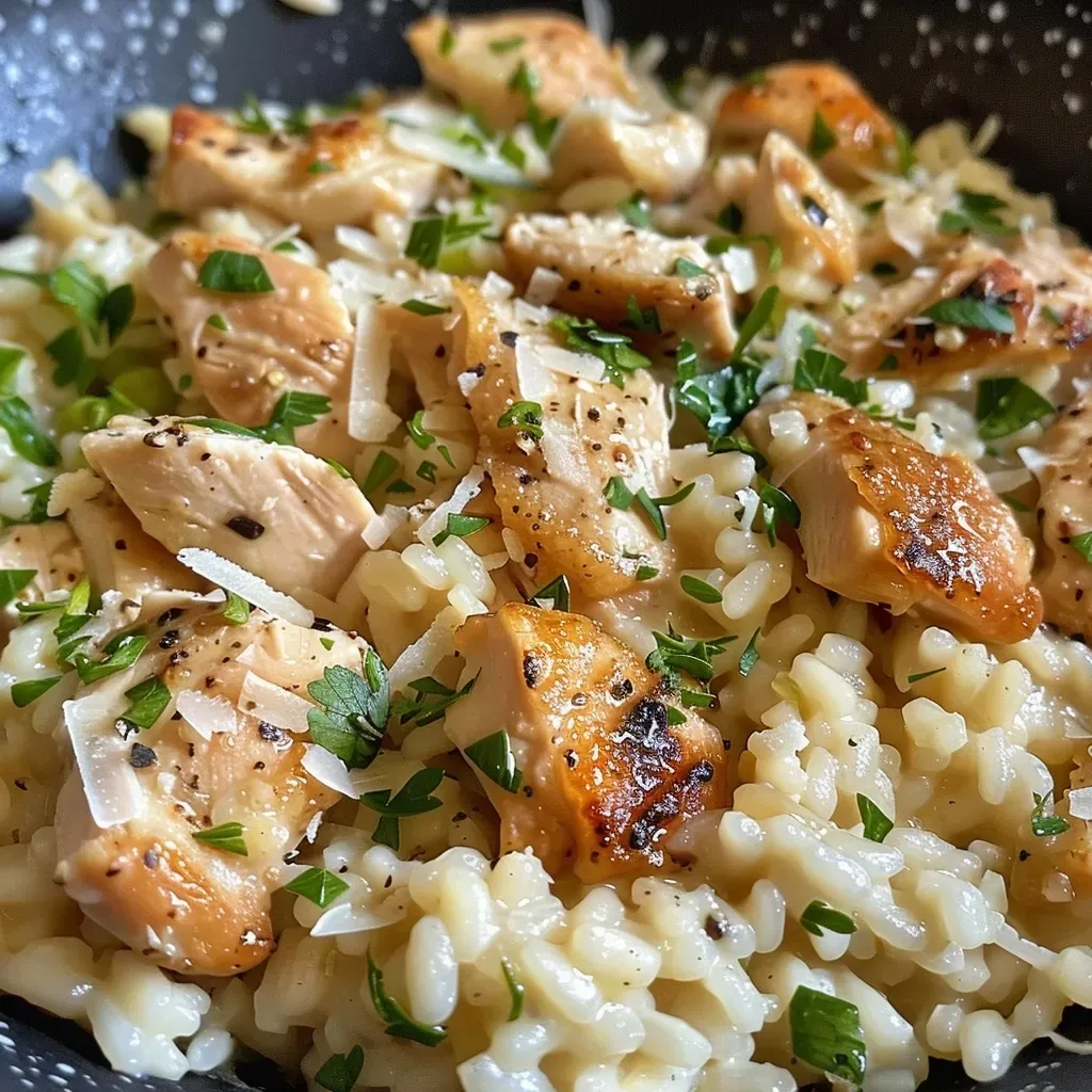 Close-up view of a creamy Chicken Risotto dish with diced chicken and herbs.