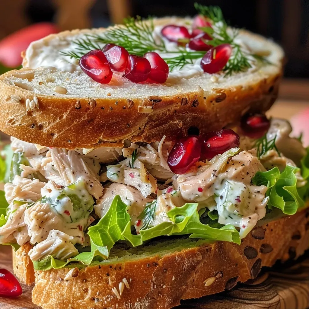 ['Juicy chicken salad sandwich with lettuce on sliced bread.', 'Close-up view of a delicious chicken salad sandwich, showcasing its ingredients.', 'Side view of a vibrant chicken salad sandwich filled with chopped chicken and vegetables.', 'Freshly made chicken salad sandwich with a perfect layer of lettuce on bread.']