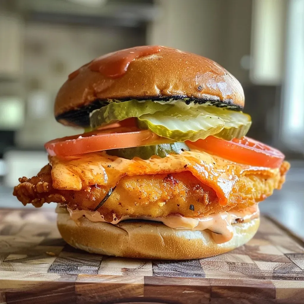 ['Juicy chicken sandwich with lettuce and tomato, viewed from the side.', 'Close-up of a delicious chicken sandwich showcasing the crispy chicken fillet.', 'Side view of a chicken sandwich with toasted bun and fresh toppings.', 'Appetizing chicken sandwich featuring toppings, taken with an iPhone.']
