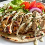 ['A close-up view of juicy chicken shawarma in a pita with fresh vegetables.', 'Side view of a Chicken Shawarma wrap filled with sliced chicken and colorful toppings.', 'Close-up of succulent chicken shawarma garnished with vegetables and garlic sauce.', 'Detail shot of Chicken Shawarma presented in pita with vibrant veggies.']