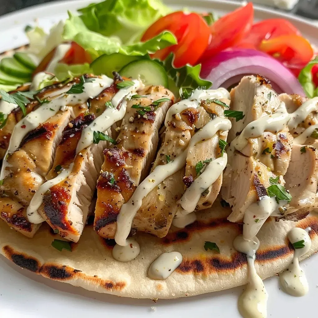 ['A close-up view of juicy chicken shawarma in a pita with fresh vegetables.', 'Side view of a Chicken Shawarma wrap filled with sliced chicken and colorful toppings.', 'Close-up of succulent chicken shawarma garnished with vegetables and garlic sauce.', 'Detail shot of Chicken Shawarma presented in pita with vibrant veggies.']
