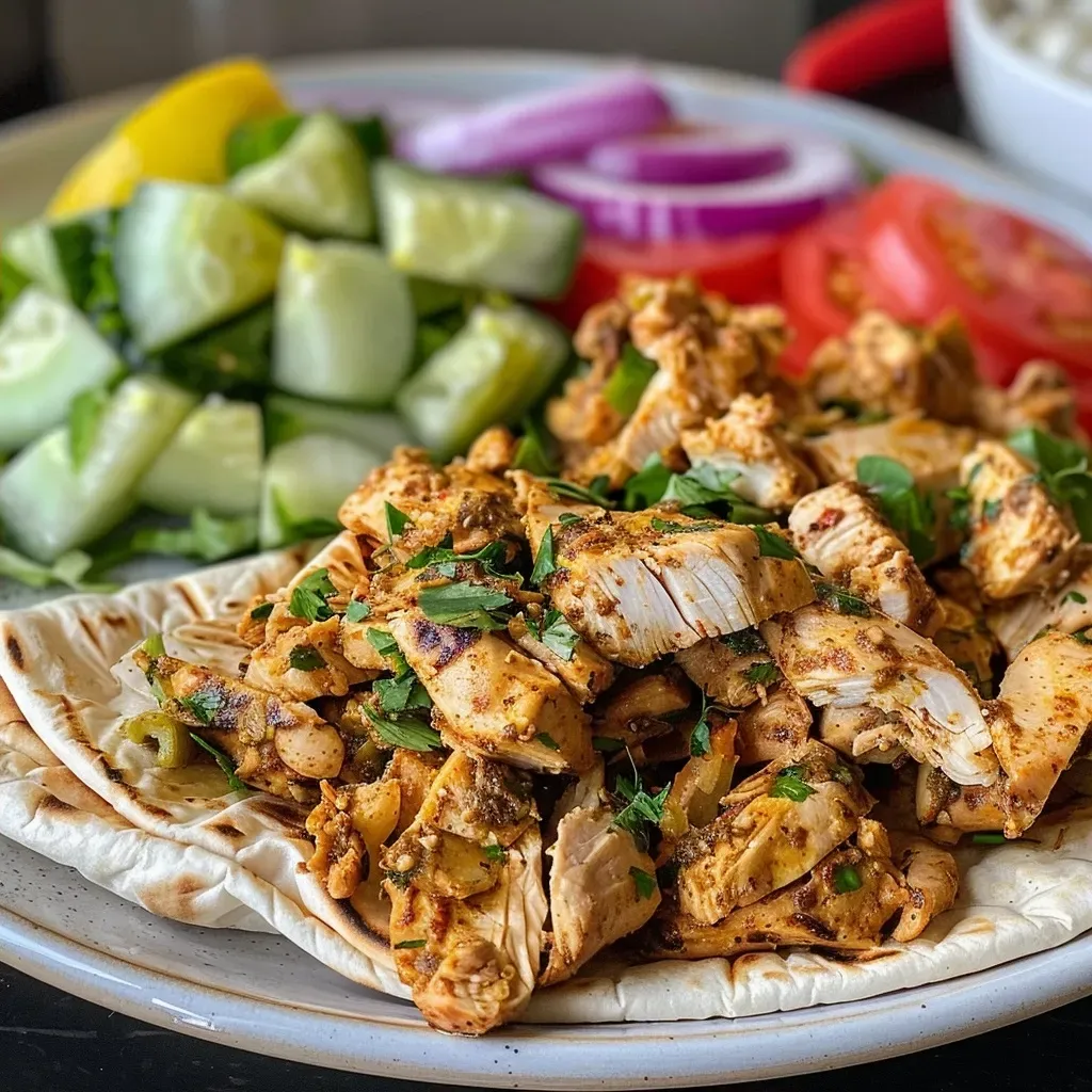 ['A close-up view of juicy chicken shawarma in a pita with fresh vegetables.', 'Side view of a Chicken Shawarma wrap filled with sliced chicken and colorful toppings.', 'Close-up of succulent chicken shawarma garnished with vegetables and garlic sauce.', 'Detail shot of Chicken Shawarma presented in pita with vibrant veggies.']