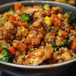 ['Close-up of Chicken Teriyaki Fried Rice with colorful vegetables and chicken cubes.', 'Side view of a bowl of Chicken Teriyaki Fried Rice garnished with broccoli and carrot.', 'Juicy Chicken Teriyaki Fried Rice displayed in a vibrant, appetizing manner.', 'A detailed view of Chicken Teriyaki Fried Rice showing chicken, rice, and veggies.']