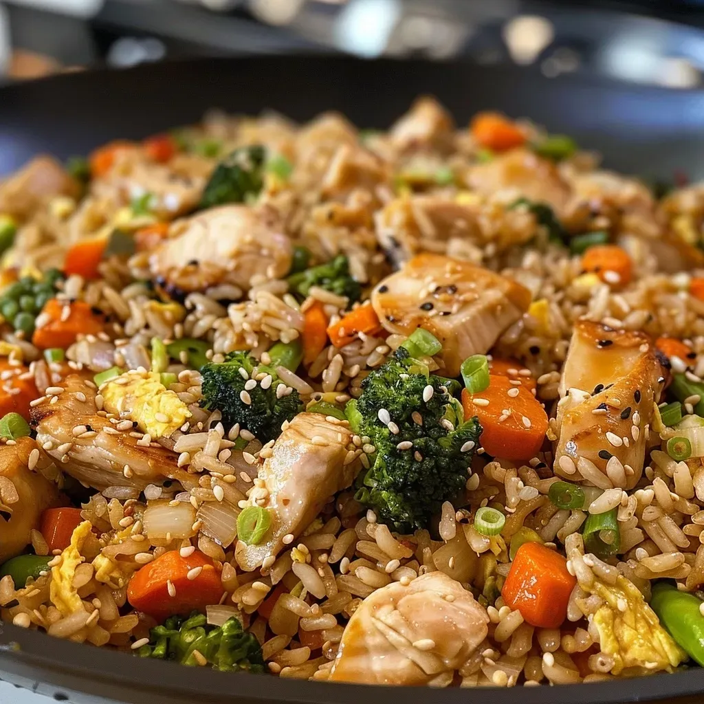 ['Close-up of Chicken Teriyaki Fried Rice with colorful vegetables and chicken cubes.', 'Side view of a bowl of Chicken Teriyaki Fried Rice garnished with broccoli and carrot.', 'Juicy Chicken Teriyaki Fried Rice displayed in a vibrant, appetizing manner.', 'A detailed view of Chicken Teriyaki Fried Rice showing chicken, rice, and veggies.']