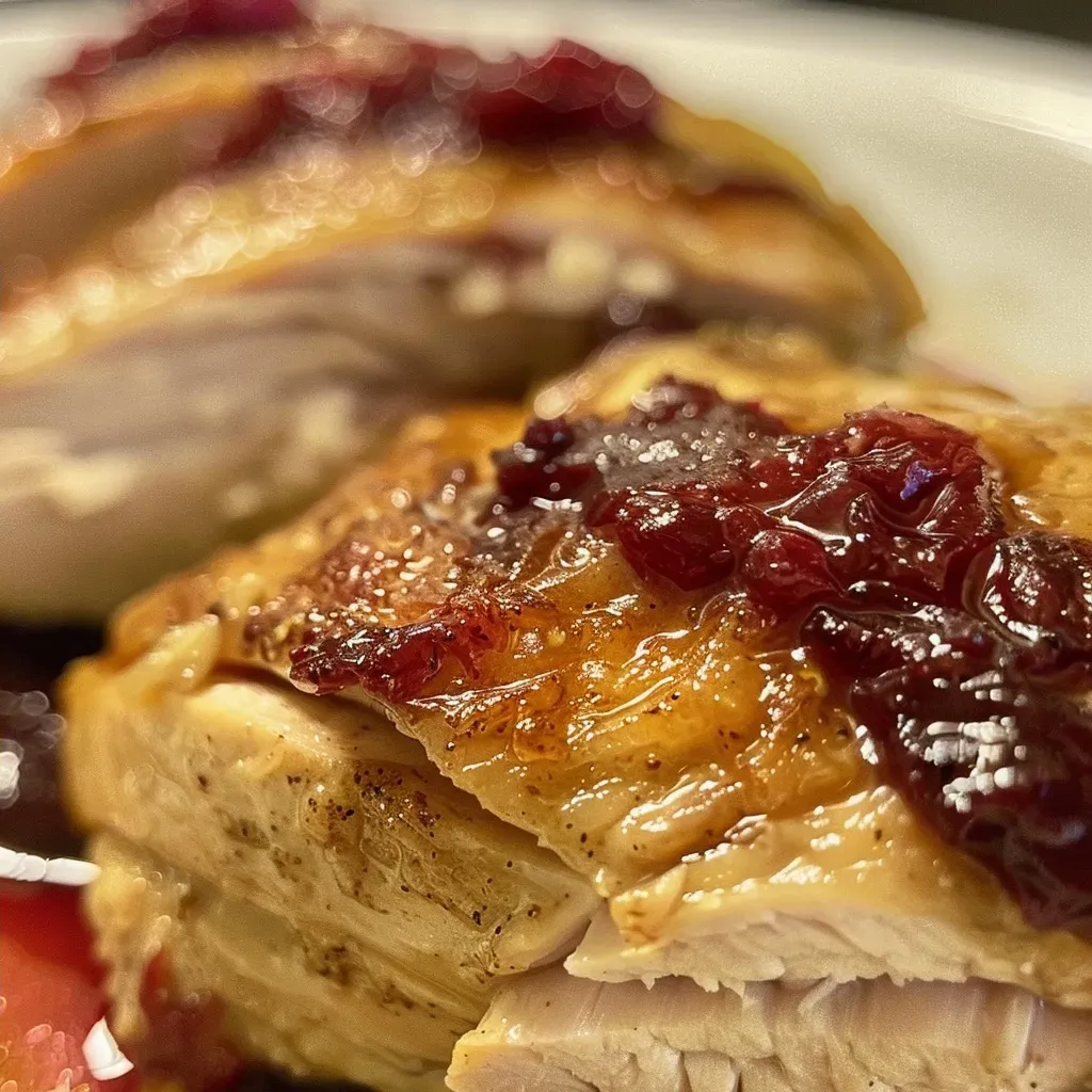 ['Close-up view of a juicy cranberry chicken dish on a white plate.', 'Side view of succulent cranberry chicken with colorful sauce, garnished with herbs.', 'Detailed image of cranberry chicken, showcasing tender meat coated in bright red sauce.', 'The vibrant presentation of cranberry chicken served alongside a colorful garnish.']