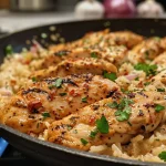 ['Close-up side view of a creamy Cajun chicken and rice bowl topped with fresh parsley.', 'Juicy Cajun chicken served over rice, with a creamy sauce and garnished with parsley.', 'Detailed side shot of a delicious bowl containing Cajun-flavored chicken and rice with a creamy texture.', 'A close-up image showcasing a bowl of creamy Cajun chicken and rice, rich in color and garnished.']