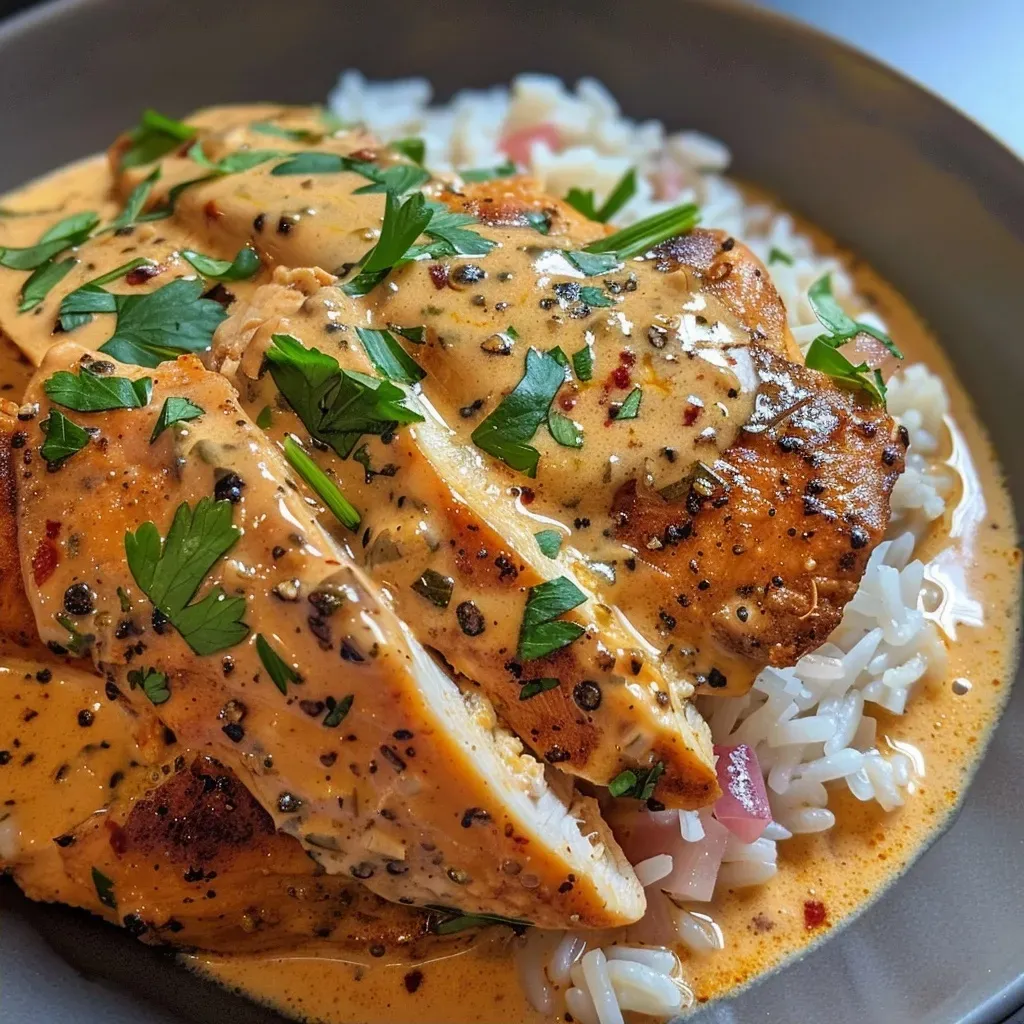 Close-up side view of a creamy Cajun chicken and rice bowl topped with fresh parsley.