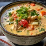 ['A close-up side view of creamy Cajun chicken soup garnished with fresh herbs.', 'Juicy and creamy Cajun chicken soup with chunks of chicken and colorful vegetables.', 'Bowl of rich, creamy chicken soup, showcasing vibrant colors and textures.', 'A hearty serving of Cajun chicken soup with visible pieces of meat and vegetables.']