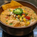['A creamy bowl of Cajun white chicken chili with colorful vegetables and toppings.', 'Close-up view of creamy Cajun white chicken chili garnished with avocado and jalapeños.', 'A vibrant dish of creamy chicken chili featuring red bell peppers and cilantro.', 'Hearty bowl of Cajun white chicken chili with tortilla chips and shredded cheese on top.']