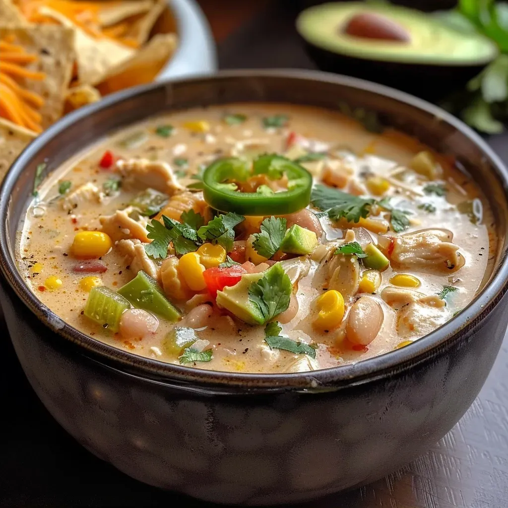 A creamy bowl of Cajun white chicken chili with colorful vegetables and toppings.