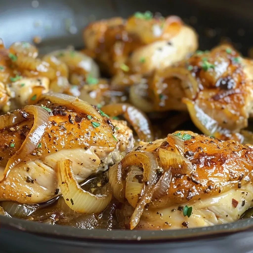 ['A close-up view of creamy caramelized onion chicken, showcasing juicy chicken breasts and rich sauce.', 'Side profile of delicious carmelized onion chicken dish, highlighting golden onions and creamy texture.', 'Juicy chicken covered in caramelized onions and creamy sauce, presented in a appetizing close-up.', 'Close-up of a plate featuring creamy caramelized onion chicken, with ingredients visibly mingling in the sauce.']