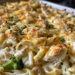['Creamy Chicken Alfredo Bake with golden cheese bubbling on top.', 'Close view of a serving of Chicken Alfredo Bake with broccoli pieces.', 'A dish filled with creamy fettuccine, chicken, and melted cheese.', 'Side view of a cheesy Chicken Alfredo Bake ready to be served.']