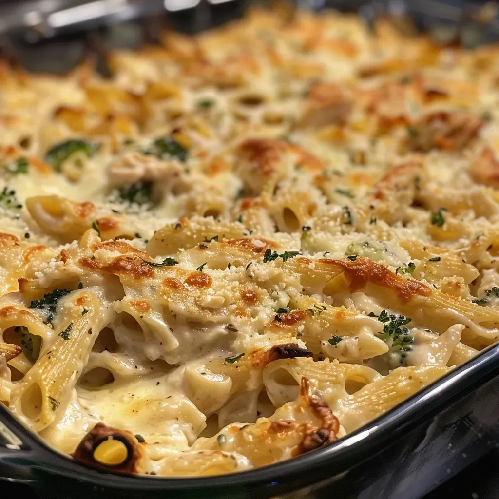 ['Creamy Chicken Alfredo Bake with golden cheese bubbling on top.', 'Close view of a serving of Chicken Alfredo Bake with broccoli pieces.', 'A dish filled with creamy fettuccine, chicken, and melted cheese.', 'Side view of a cheesy Chicken Alfredo Bake ready to be served.']