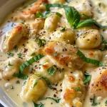 ['Close-up of creamy chicken and gnocchi with garnished basil.', 'Side view of a bowl filled with creamy chicken and gnocchi dish.', 'Juicy chicken and gnocchi in a creamy sauce, highlighted with sun-dried tomatoes.', 'Delicious bowl of gnocchi and chicken in a rich creamy texture, topped with basil.']