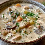 ['Close-up of a creamy chicken and mushroom chowder in a bowl, featuring diced vegetables and herbs.', 'Side view of a rich and creamy chowder with visible chunks of chicken and mushrooms.', 'A bowl of creamy chicken and mushroom chowder garnished with parsley and freshly cracked black pepper.', 'Detailed close-up of savory chowder showcasing mushrooms, chicken, potatoes, and colorful vegetables.']