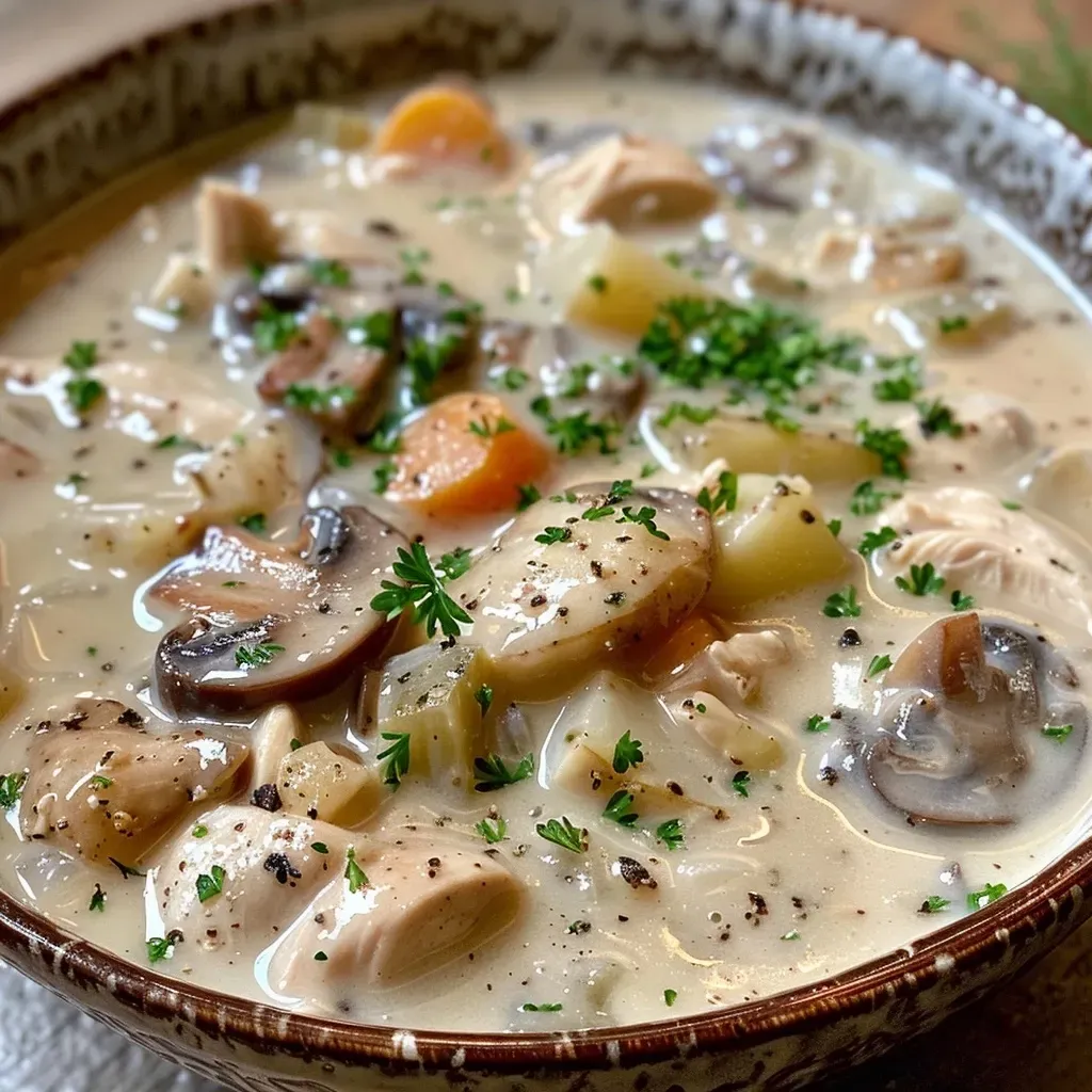 ['Close-up of a creamy chicken and mushroom chowder in a bowl, featuring diced vegetables and herbs.', 'Side view of a rich and creamy chowder with visible chunks of chicken and mushrooms.', 'A bowl of creamy chicken and mushroom chowder garnished with parsley and freshly cracked black pepper.', 'Detailed close-up of savory chowder showcasing mushrooms, chicken, potatoes, and colorful vegetables.']