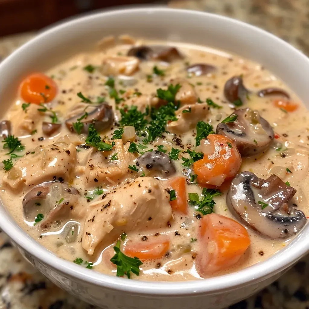Close-up of a creamy chicken and mushroom chowder in a bowl, featuring diced vegetables and herbs.