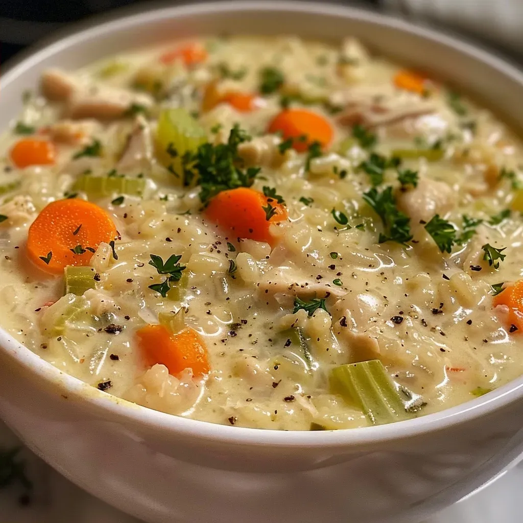 ['A close-up view of creamy chicken and rice soup in a bowl, garnished with herbs.', 'A hearty bowl of creamy chicken and rice soup showing tender vegetables and chunks of chicken.', 'Side view of creamy chicken and rice soup with a smooth texture and vibrant colors.', 'A delicious-looking bowl of chicken and rice soup with a creamy consistency and fresh ingredients.']