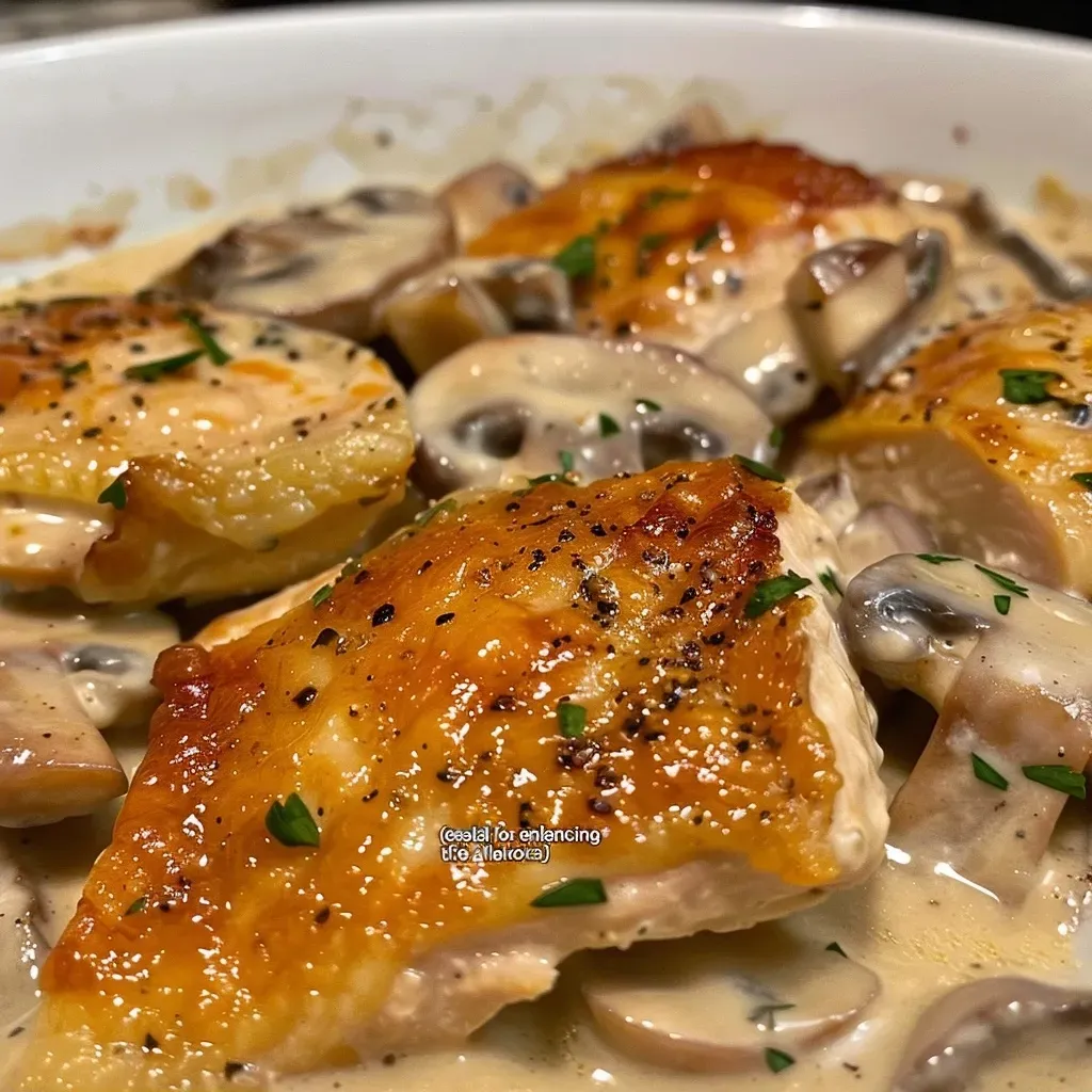 A close-up view of a creamy chicken casserole with golden-brown topping.
