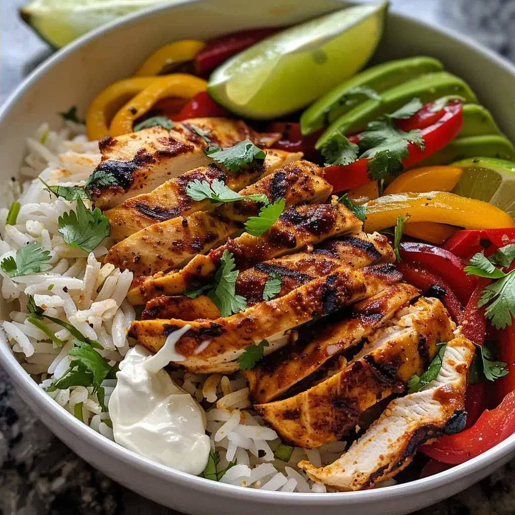 Close-up of a creamy chicken fajita bowl featuring colorful bell peppers and chicken strips.