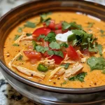 ['Close-up of creamy chicken fajita soup featuring vibrant ingredients.', 'A bowl of chicken fajita soup with colorful toppings like cheese and cilantro.', 'Side view of a hearty creamy chicken fajita soup garnished with avocado.', 'Delicious creamy chicken fajita soup presented in a rustic bowl.']