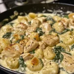 ['Close-up view of creamy chicken gnocchi with spinach and sun-dried tomatoes.', 'Juicy, saucy chicken gnocchi dish garnished with fresh spinach.', 'A delicious bowl of creamy chicken gnocchi, highlighting tender chicken and vibrant greens.', 'Side view of plated creamy chicken gnocchi featuring gnocchi, chicken, and pesto.']