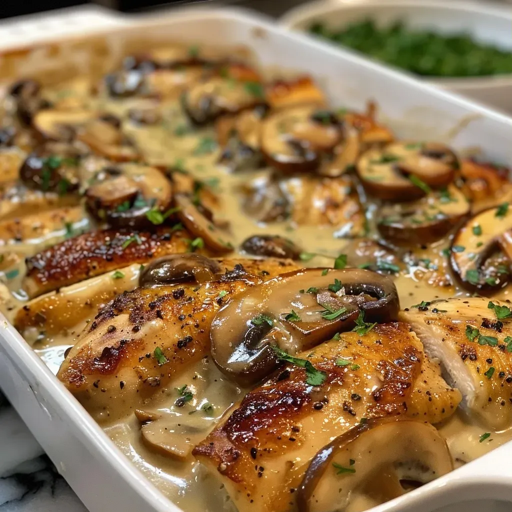 ['Close-up view of creamy chicken mushroom casserole with golden brown chicken and mushrooms.', 'Side view of a dish filled with creamy chicken and mushroom casserole topped with a golden crust.', 'Juicy chicken strips and mushrooms in a creamy sauce, captured in a close-up photograph.', 'Appetizing chicken mushroom casserole served in a baking dish, showcasing its creamy texture.']