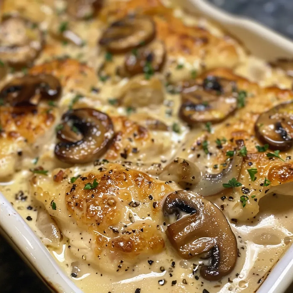 Close-up view of creamy chicken mushroom casserole with golden brown chicken and mushrooms.