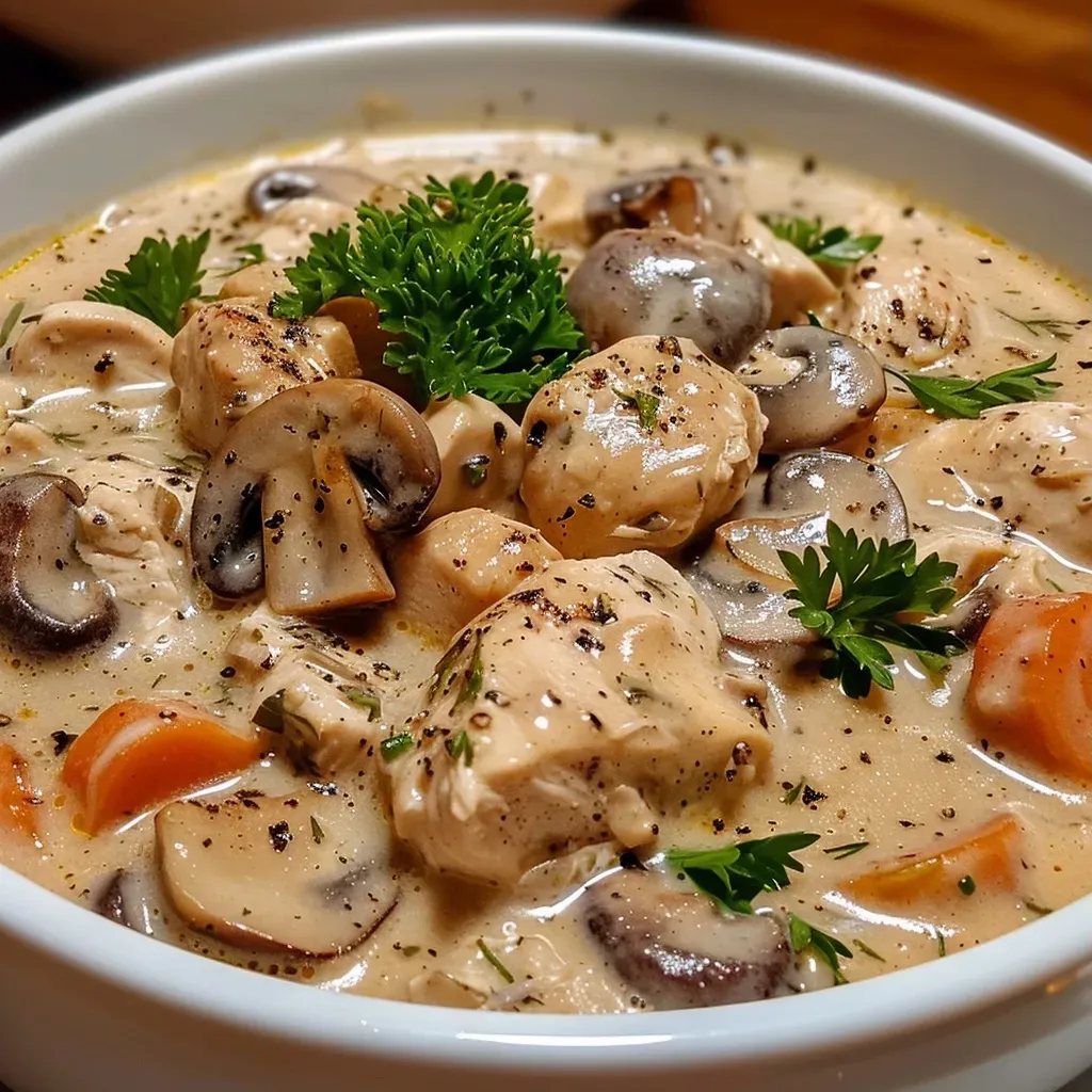['Close-up view of creamy chicken mushroom soup in a bowl, with sliced mushrooms and herbs on top.', 'Side view of a steaming bowl of creamy chicken mushroom soup, showcasing chunks of chicken and vegetables.', 'Rich and creamy chicken mushroom soup, featuring diced carrots and celery, presented in a white bowl.', 'Delicious creamy chicken mushroom soup with visible cremini mushrooms and herbs, captured in natural light.']