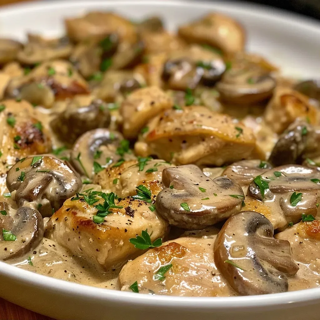 ['Close-up side view of a creamy chicken mushroom stew in a white bowl.', 'Juicy, rich chicken mushroom stew with visible chunks of chicken and mushrooms.', 'A comforting bowl of creamy stew featuring tender chicken, mushrooms, and herbs.', 'Side view of a delicious chicken mushroom stew garnished with parsley.']
