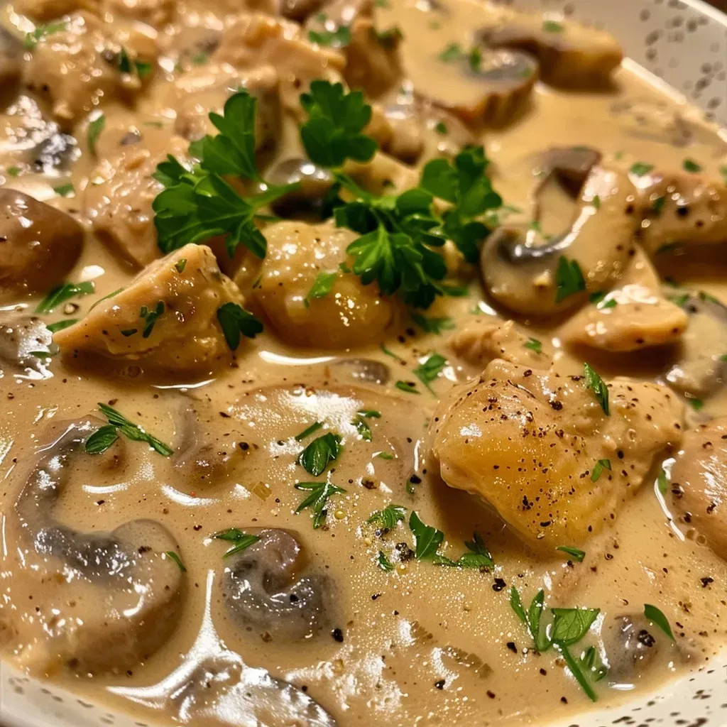 Close-up side view of a creamy chicken mushroom stew in a white bowl.