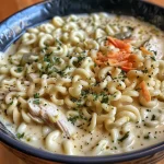 ['Close-up view of a creamy chicken ramen soup in a bowl, garnished with herbs.', 'A side view of delicious creamy chicken ramen soup, featuring noodles and a rich broth.', 'Creamy chicken ramen soup with tender chicken pieces and herbs, served in a white bowl.', 'A bowl of creamy chicken ramen soup, showcasing the steam rising from the rich broth.']