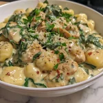 ['Close-up view of creamy chicken spinach gnocchi topped with fresh parsley.', 'Delicious gnocchi dish featuring chicken and spinach in a creamy sauce.', 'A vibrant plate of creamy chicken and spinach gnocchi ready to serve.', 'Juicy chicken pieces and spinach in a rich sauce with gnocchi.']