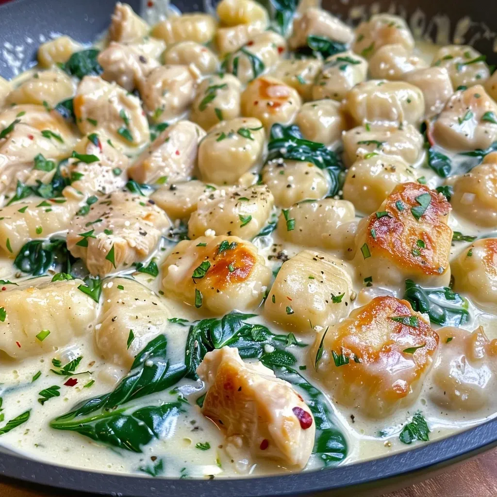 Close-up view of creamy chicken spinach gnocchi topped with fresh parsley.