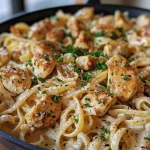 ['Close-up view of creamy garlic butter chicken linguine skillet with chicken pieces, pasta, and herbs.', 'Side perspective of a skillet filled with creamy garlic butter chicken linguine and topped with parsley.', 'Juicy chicken and linguine in a creamy sauce captured from the side in a skillet.', 'Detailed view of creamy garlic butter chicken linguine with melted cheese and fresh parsley.']
