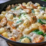 ['Close-up view of a skillet filled with creamy gnocchi and chicken, garnished with spinach and Parmesan.', 'A delicious creamy chicken and gnocchi dish in a skillet, showcasing juicy chicken thighs and vibrant spinach.', 'Side view of a hearty creamy gnocchi skillet featuring chicken, mushrooms, and fresh herbs.', 'An appetizing creamy gnocchi and chicken skillet, highlighting its rich sauce and colorful ingredients.']