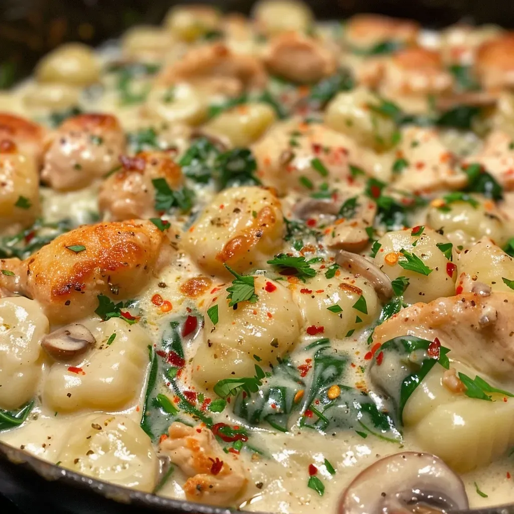 Close-up view of a skillet filled with creamy gnocchi and chicken, garnished with spinach and Parmesan.