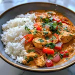 ['Close-up view of creamy paprika chicken curry in a bowl.', 'Colorful chicken curry with red bell peppers and coconut milk.', 'Appetizing serving of chicken curry garnished with cilantro.', 'Juicy chicken pieces in a rich, creamy curry sauce.']
