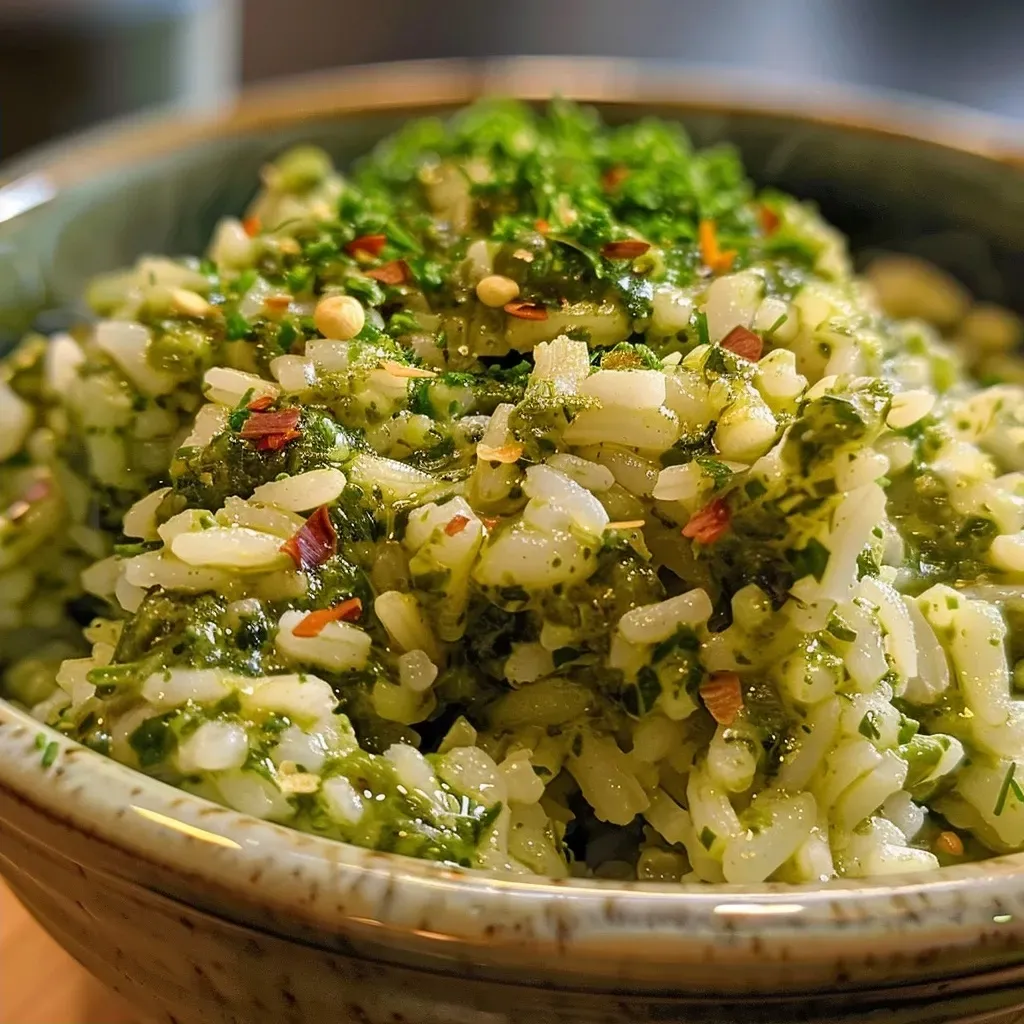['Close-up of a creamy pesto rice bowl with bright green sauce and colorful toppings.', 'Side view of a delicious creamy pesto rice bowl featuring vibrant ingredients and rich textures.', 'Detailed view of a creamy pesto rice bowl, showcasing fresh herbs and grains in a rustic dish.', 'Artistic shot of a creamy pesto rice bowl overflowing with creamy sauce and colorful veggies.']