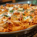 ['Close-up view of creamy spicy chicken pasta bake topped with cheese and herbs.', 'Juicy chicken pasta bake with a golden cheese crust and scattered red pepper flakes.', 'Side view of a creamy pasta dish featuring chicken pieces and marinara sauce.', 'Detailed shot of creamy spicy chicken pasta bake with melted mozzarella and spices.']