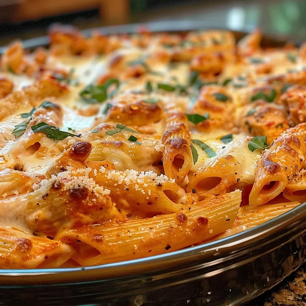 ['Close-up view of creamy spicy chicken pasta bake topped with cheese and herbs.', 'Juicy chicken pasta bake with a golden cheese crust and scattered red pepper flakes.', 'Side view of a creamy pasta dish featuring chicken pieces and marinara sauce.', 'Detailed shot of creamy spicy chicken pasta bake with melted mozzarella and spices.']
