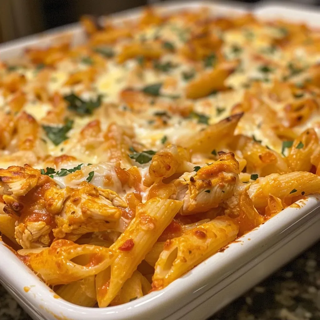 Close-up view of creamy spicy chicken pasta bake topped with cheese and herbs.