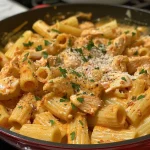 ['Close-up view of creamy spicy chicken pasta with rigatoni, garnished with parsley.', 'Side view of a bowl of juicy chicken pasta featuring rigatoni in a creamy sauce.', 'Detailed shot of creamy spicy chicken pasta, highlighting the diced chicken and herbs.', 'Tasty rigatoni pasta dish with a creamy sauce, chicken, and fresh parsley on top.']