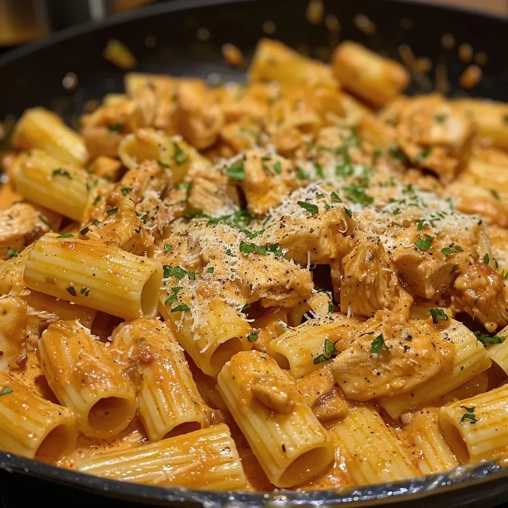 Close-up view of creamy spicy chicken pasta with rigatoni, garnished with parsley.