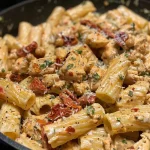['Close-up view of creamy sun-dried tomato chicken pasta with spinach and grated parmesan.', 'Side view of a bowl of pasta featuring sun-dried tomatoes, chicken, and a creamy sauce.', 'Detailed close-up of chicken pasta dish with sun-dried tomatoes and fresh spinach.', 'Side perspective of a delicious creamy pasta topped with parmesan and sun-dried tomatoes.']