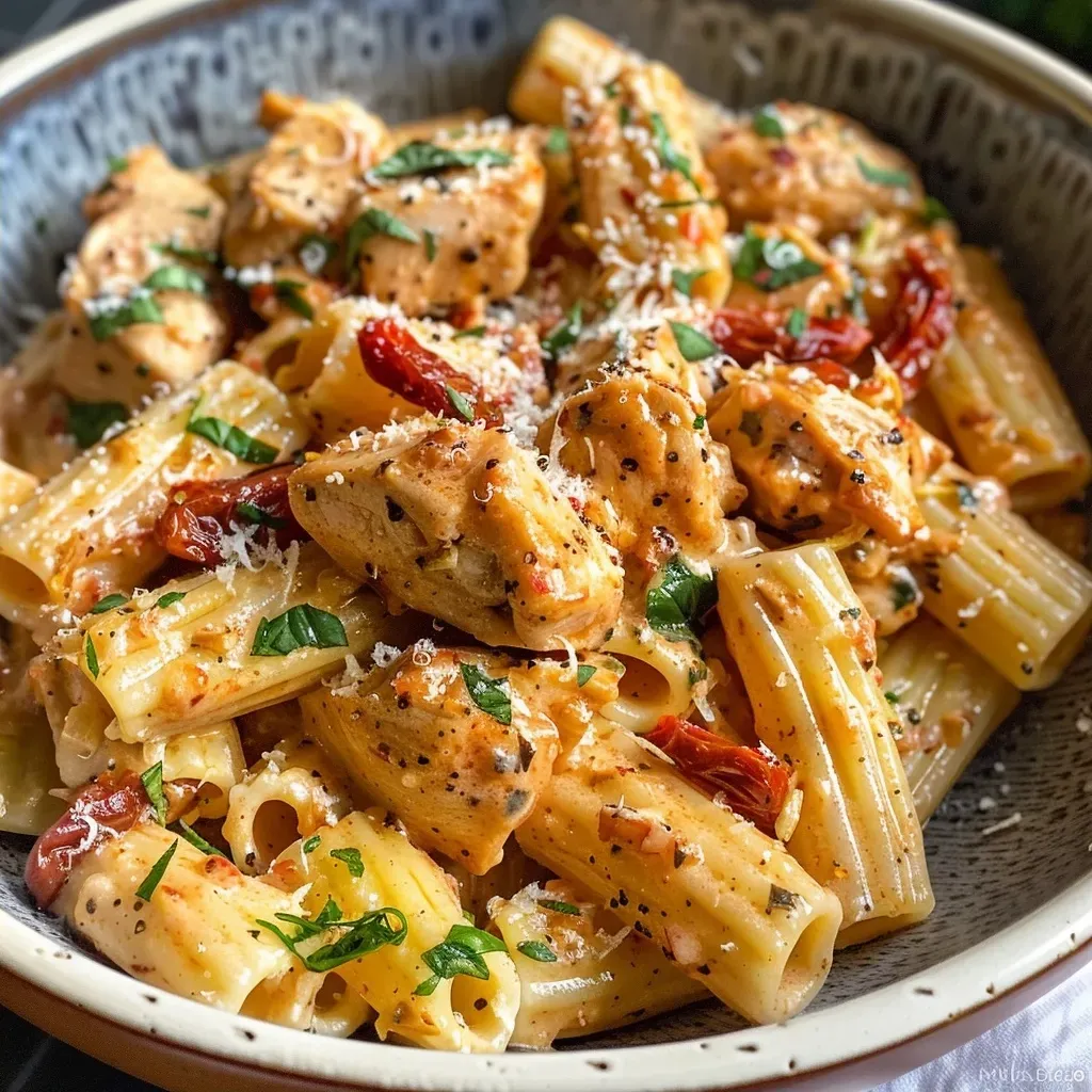 ['Close-up view of creamy sun-dried tomato chicken pasta with spinach and grated parmesan.', 'Side view of a bowl of pasta featuring sun-dried tomatoes, chicken, and a creamy sauce.', 'Detailed close-up of chicken pasta dish with sun-dried tomatoes and fresh spinach.', 'Side perspective of a delicious creamy pasta topped with parmesan and sun-dried tomatoes.']