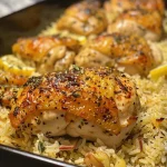 ['Juicy baked lemon chicken thighs served over fluffy rice with herbs and spices.', 'Close-up of a plate featuring baked lemon chicken and rice, garnished with fresh thyme.', 'Side view of a hearty meal with golden chicken thighs and a bed of seasoned rice.', 'Delicious lemon chicken and rice dish with visible herbs and spices in a close-up shot.']