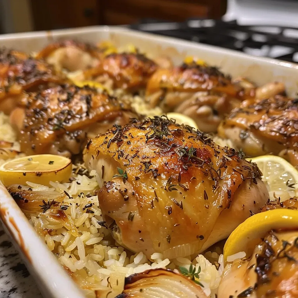 ['Juicy baked lemon chicken thighs served over fluffy rice with herbs and spices.', 'Close-up of a plate featuring baked lemon chicken and rice, garnished with fresh thyme.', 'Side view of a hearty meal with golden chicken thighs and a bed of seasoned rice.', 'Delicious lemon chicken and rice dish with visible herbs and spices in a close-up shot.']
