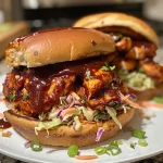 ['Juicy BBQ chicken sandwich with coleslaw and green onions on a bun.', 'Close-up of a delicious BBQ chicken sandwich with toppings from the side.', 'Side view of a BBQ chicken sandwich with coleslaw and ranch dressing.', 'Tender chicken sandwich with a tangy BBQ sauce and fresh green onions.']
