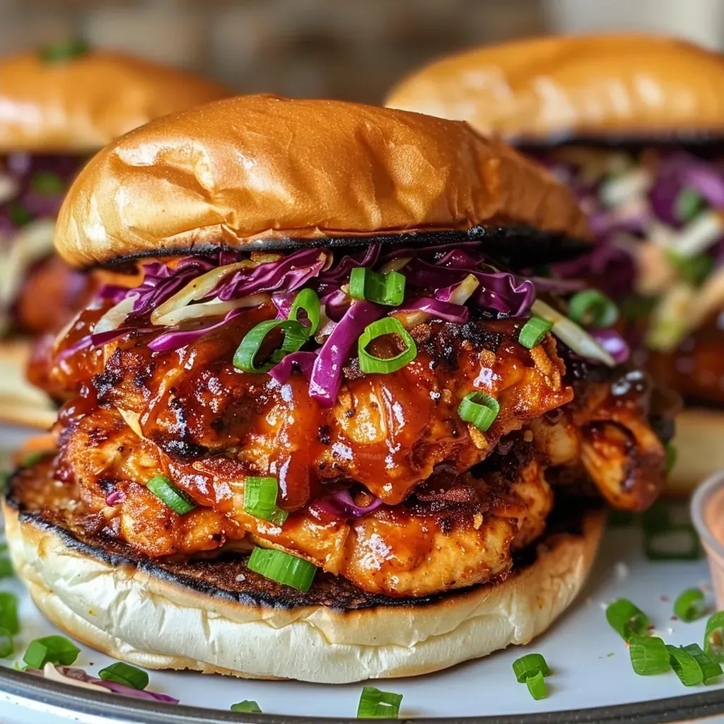Juicy BBQ chicken sandwich with coleslaw and green onions on a bun.